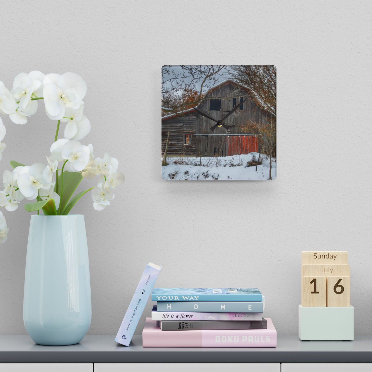 U R There Photography Hayes Road Grey in Winter I Rustic Farmhouse Acrylic Analog Wall Clock