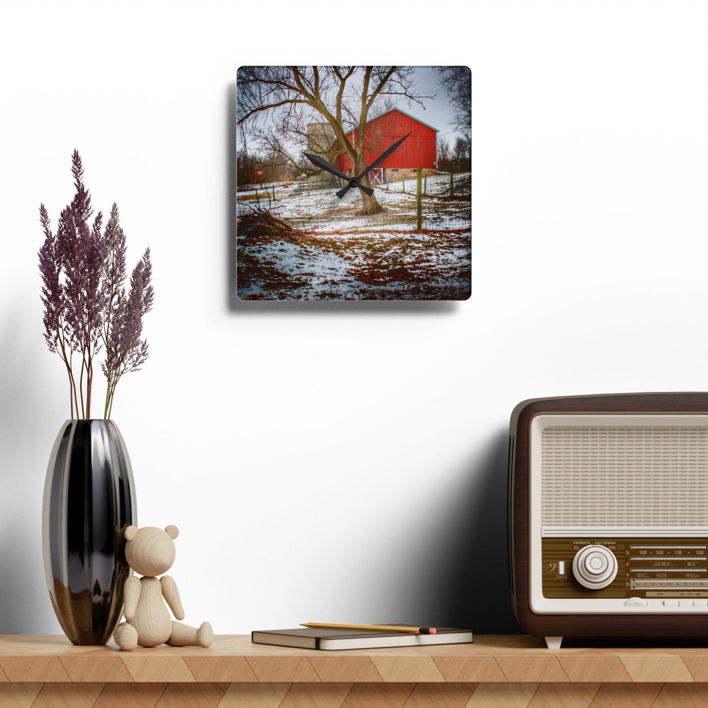 U R There Photography LeValley Road Red and Silo Rustic Farmhouse Acrylic Analog Wall Clock
