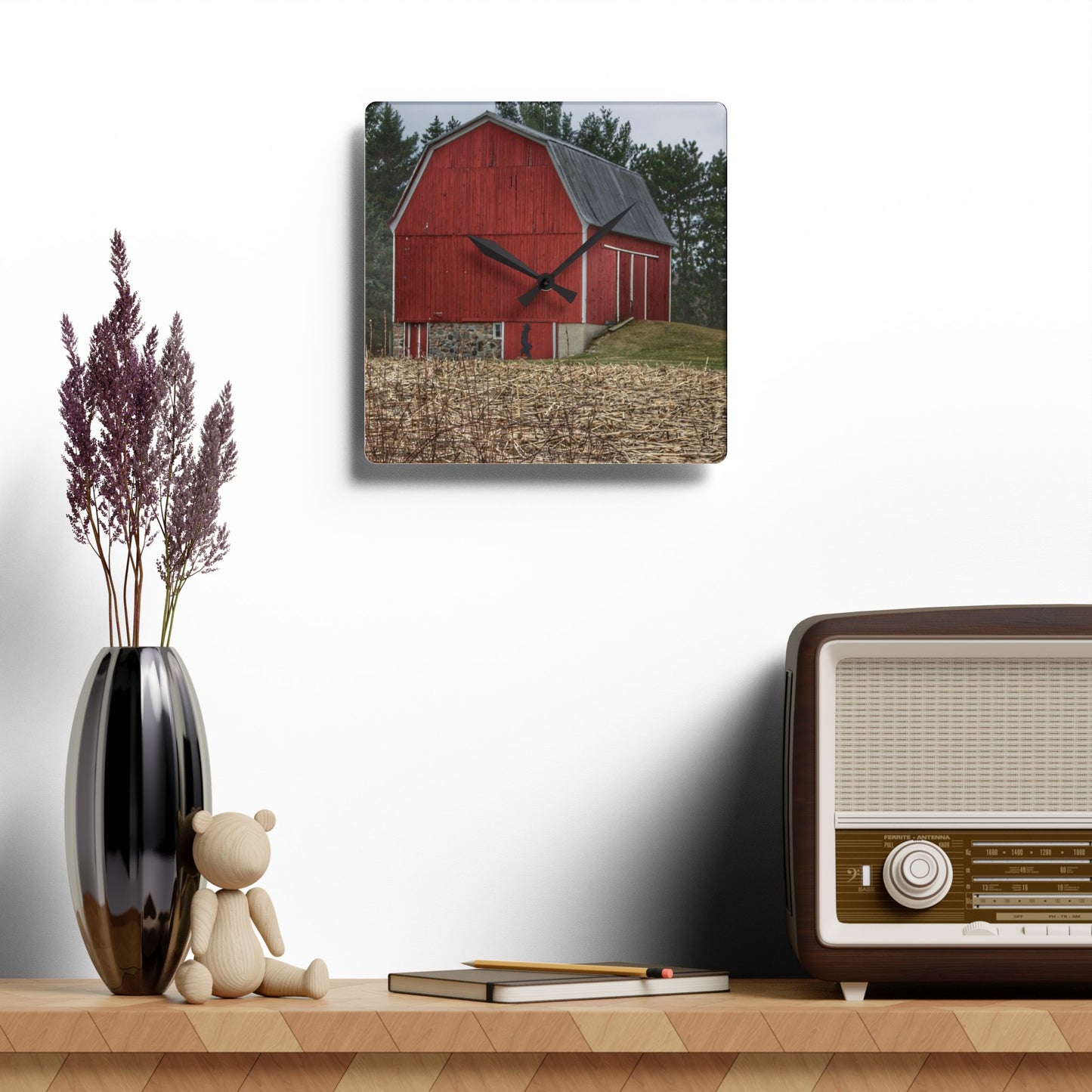 U R There Photography Fostoria Road Standing Man Red Rustic Farmhouse Acrylic Analog Wall Clock