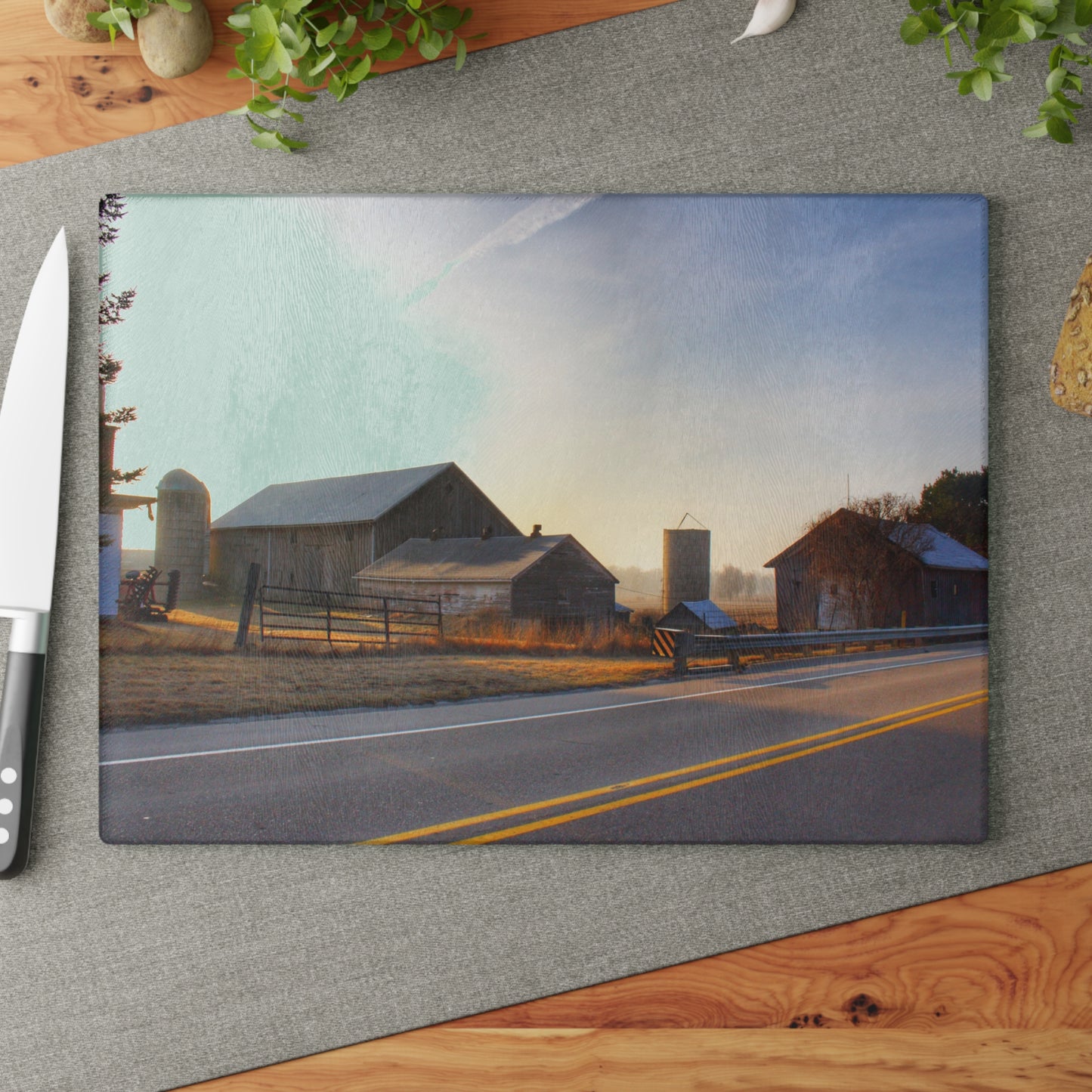 U R There Photography Wilder Road Foggy Morning Greys Rustic Farmhouse Tempered-Glass Cutting Board