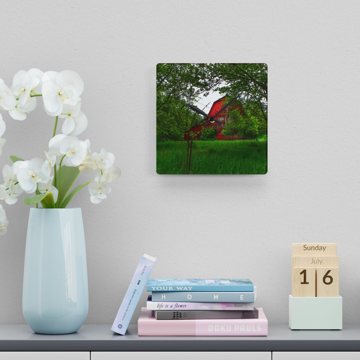 U R There Photography Bird Road Red Rustic Farmhouse Acrylic Analog Wall Clock