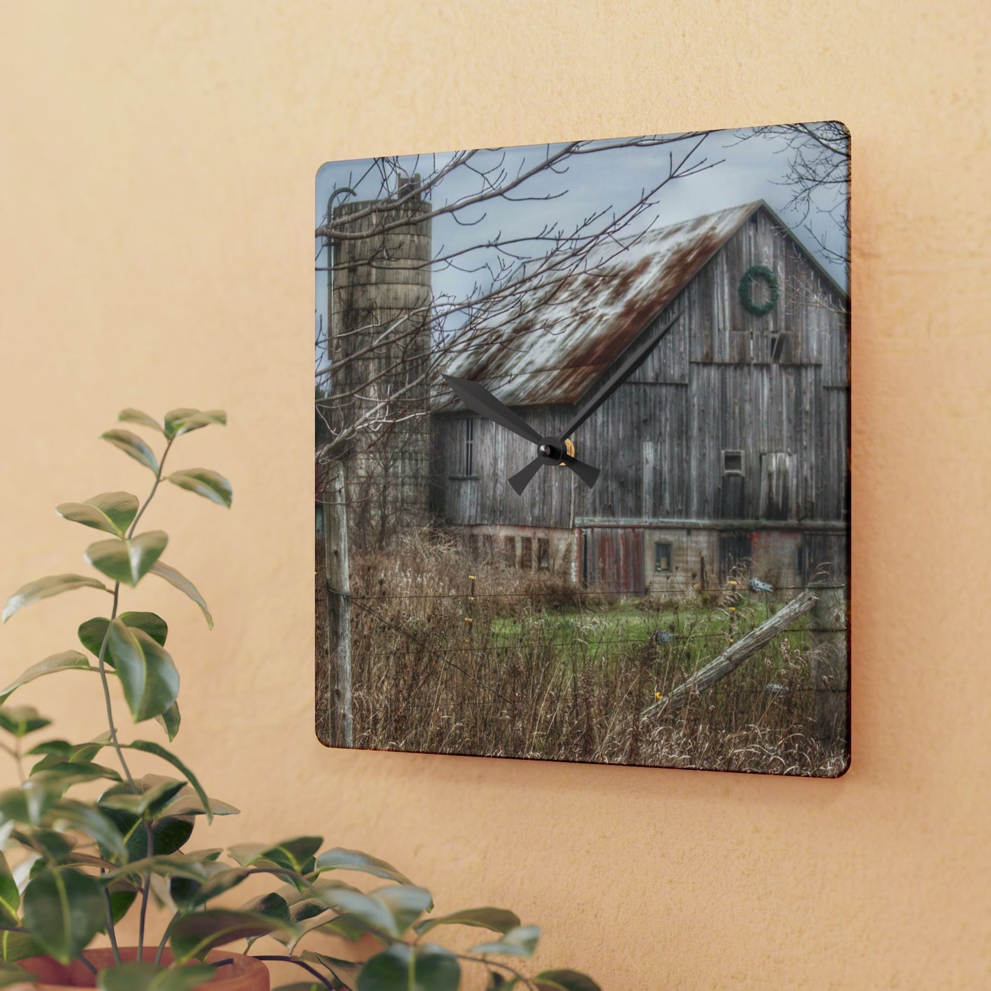 U R There Photography Churchill Christmas Barn I Rustic Farmhouse Acrylic Analog Wall Clock