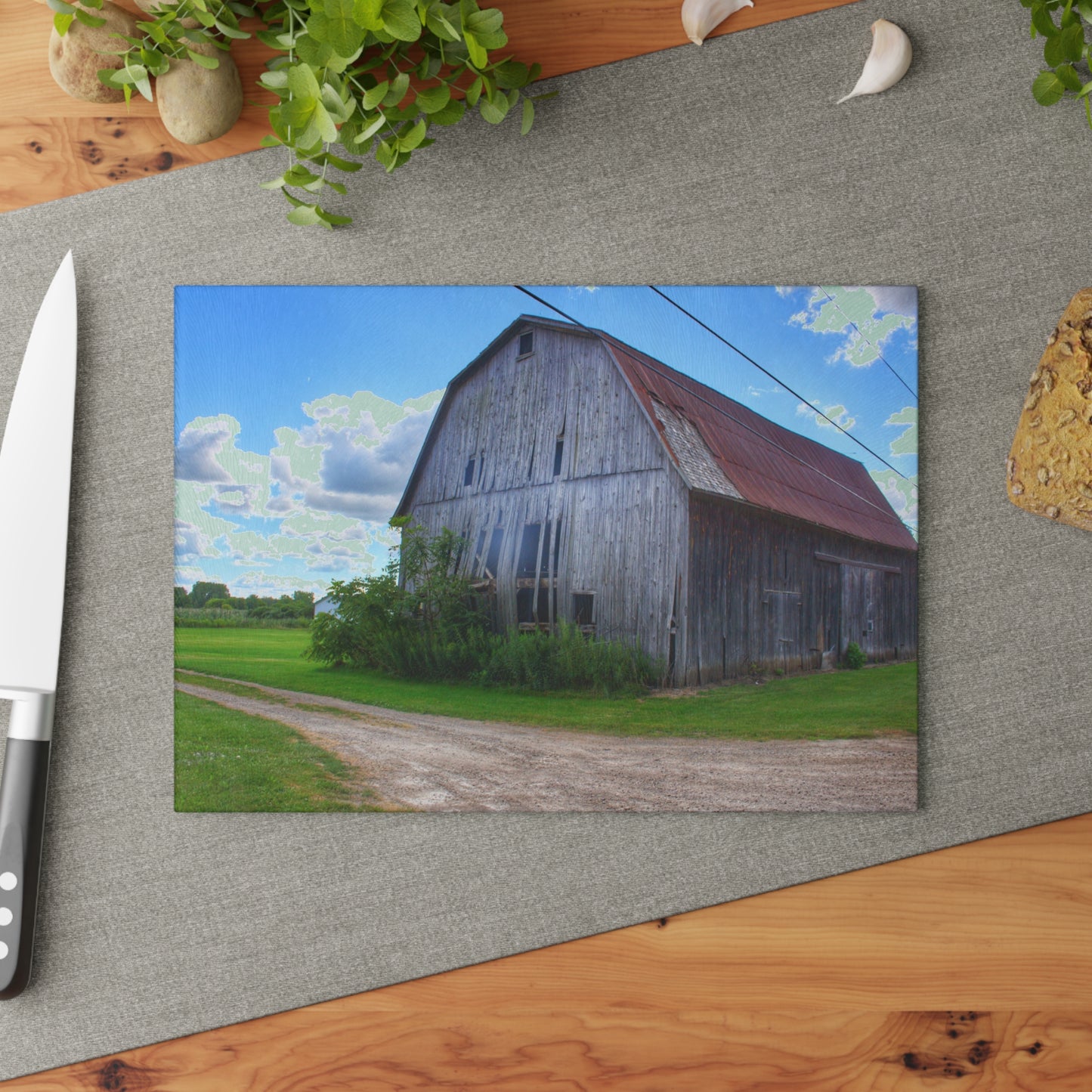 U R There Photography Schoenherr Road Grey I Rustic Farmhouse Tempered-Glass Cutting Board