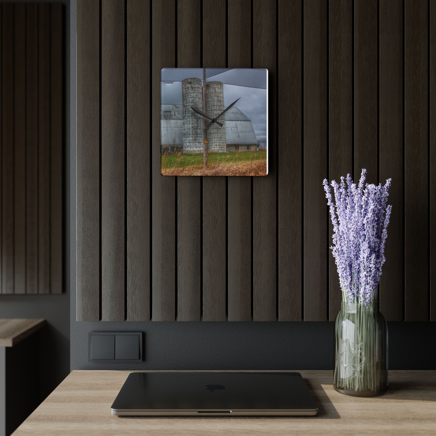 U R There Photography Daley Road Grey II Rustic Farmhouse Acrylic Analog Wall Clock