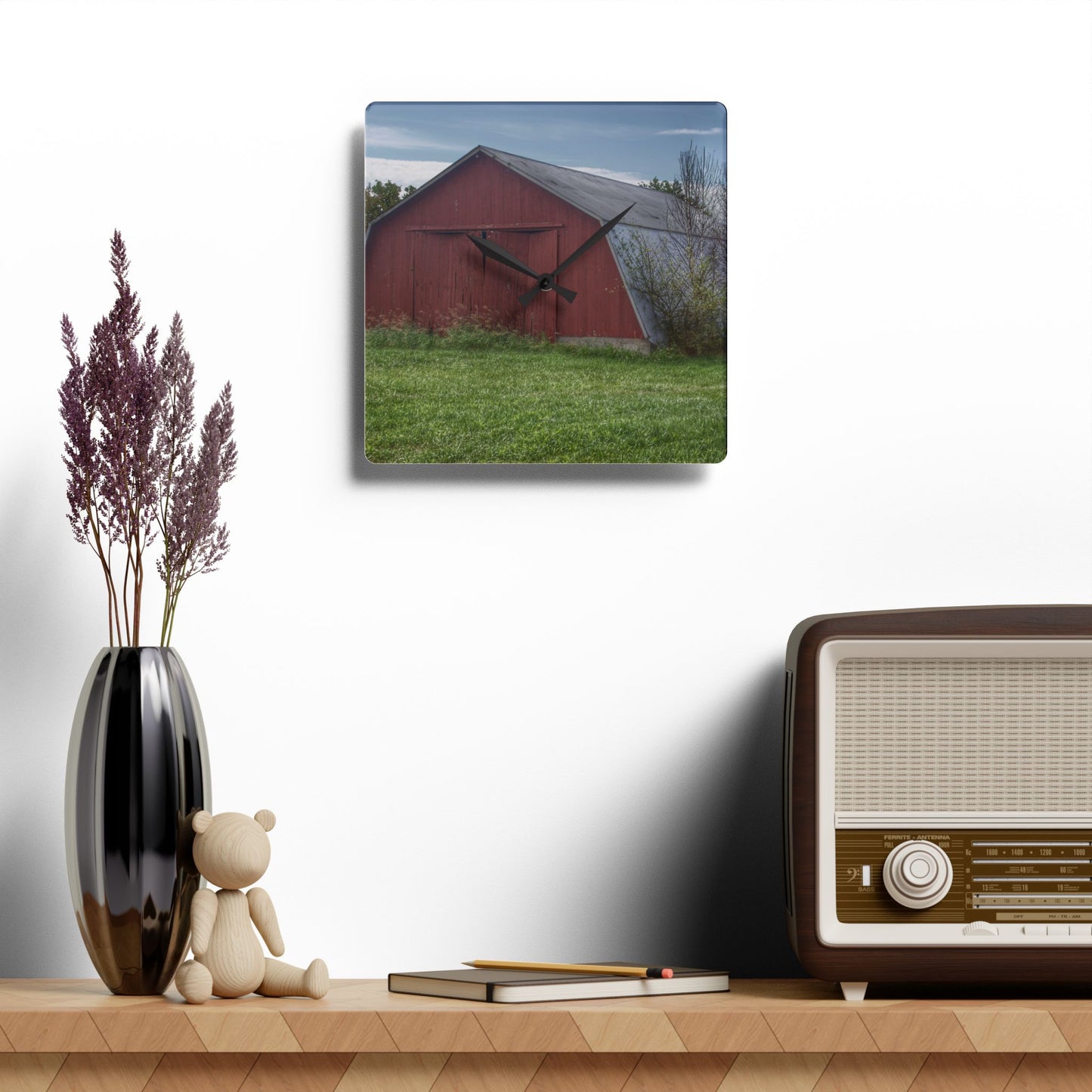 U R There Photography Piersonville Road Red Quonset Rustic Farmhouse Acrylic Analog Wall Clock