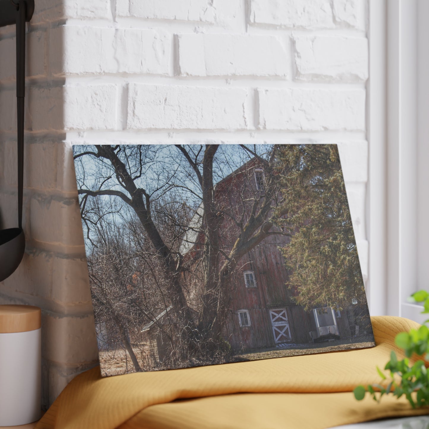 U R There Photography Lakeville Road Hidden Red Rustic Farmhouse Tempered-Glass Cutting Board