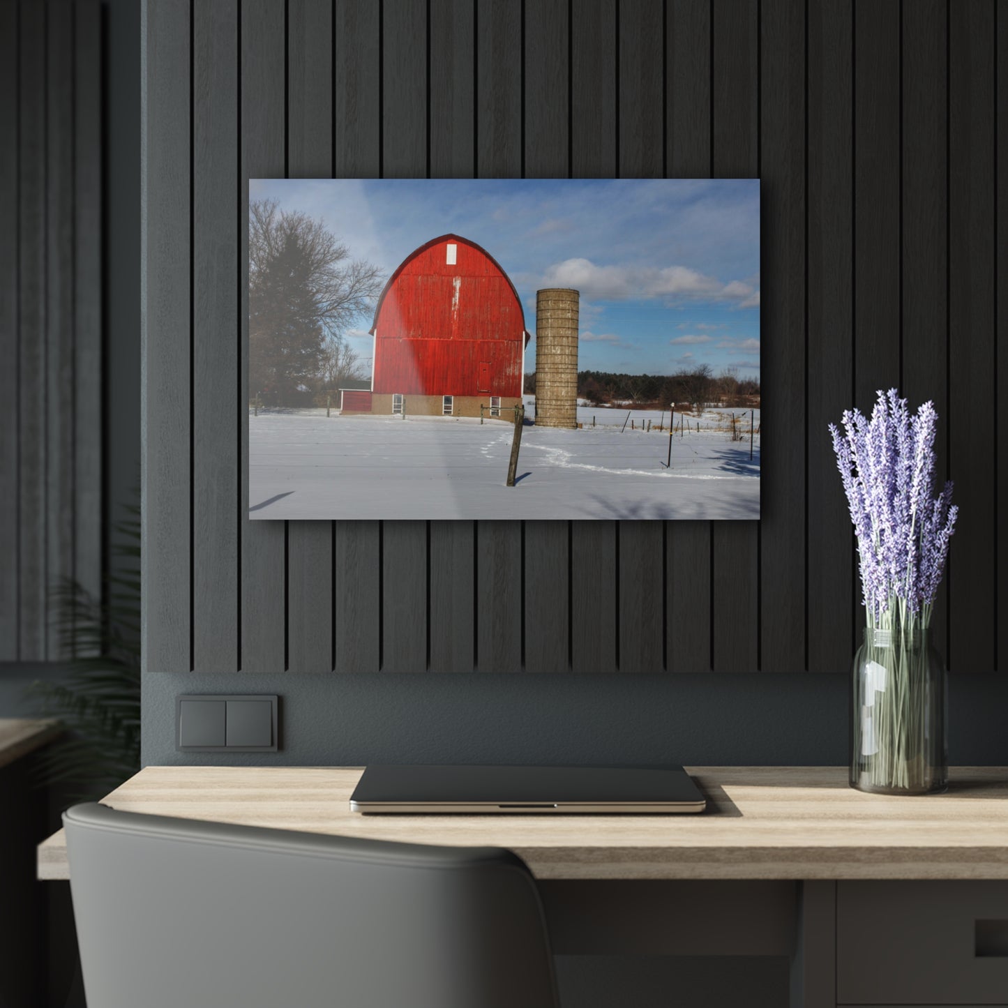 U R There Photography Barnes Road Winter Red Rustic Farmhouse Acrylic Wall Print