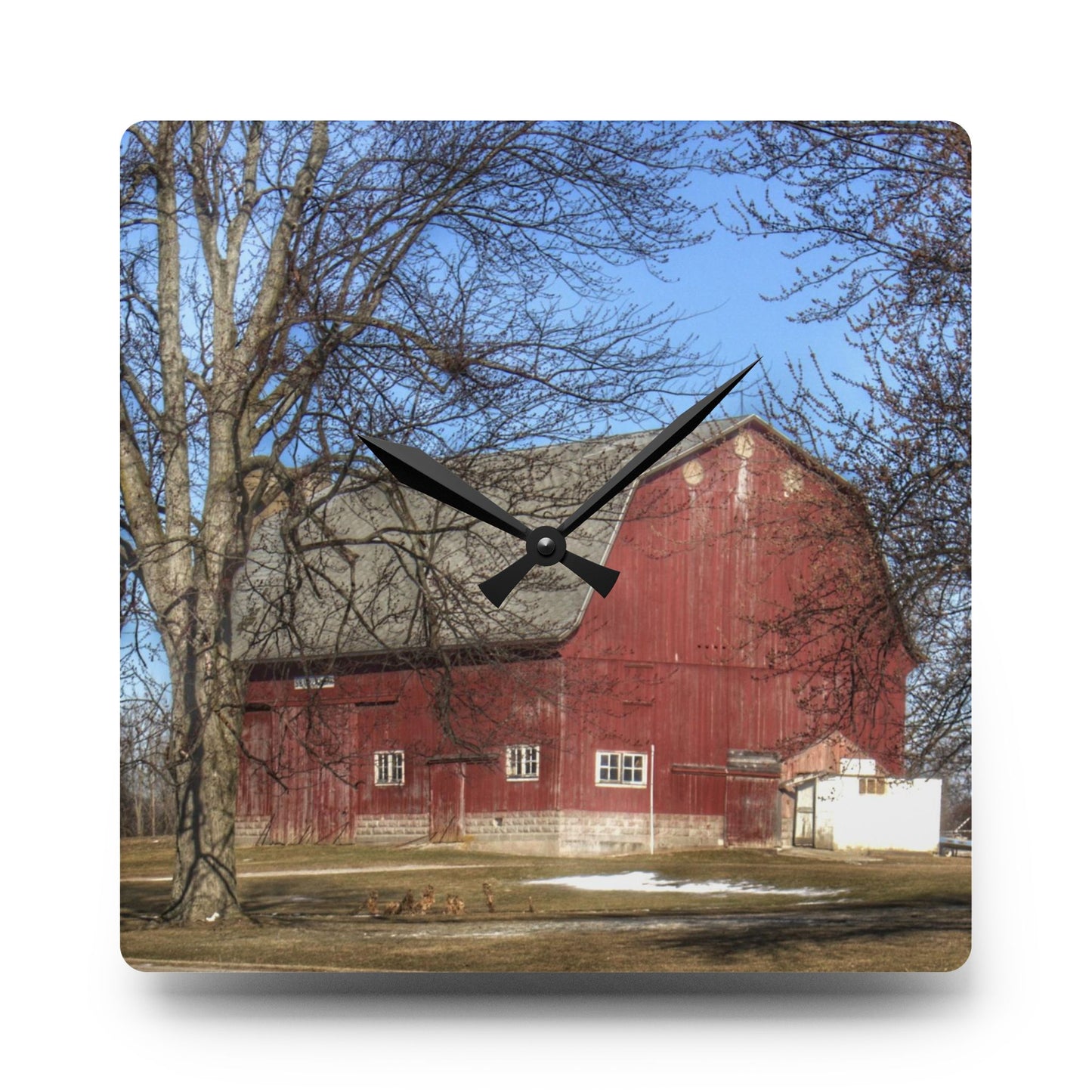 U R There Photography Dixon Road Red Rustic Farmhouse Acrylic Analog Wall Clock