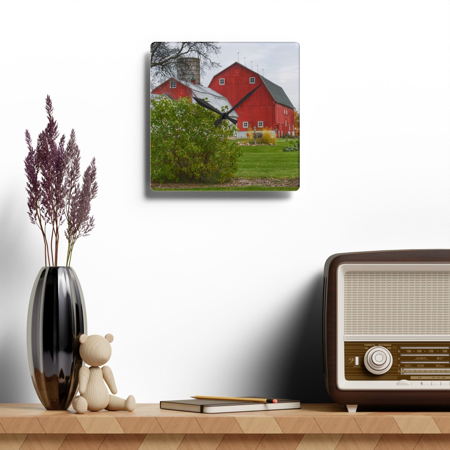 U R There Photography Potters Road Reds Rustic Farmhouse Acrylic Analog Wall Clock