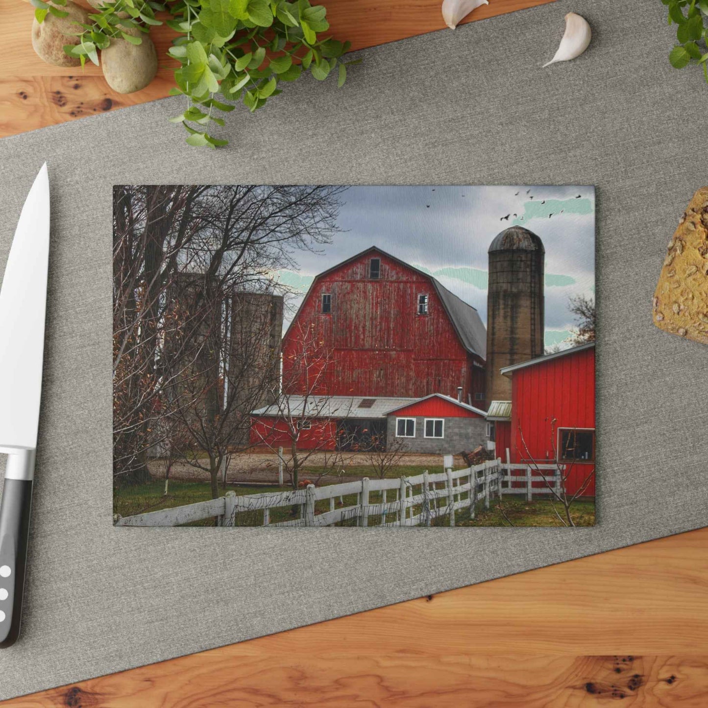 U R There Photography Peck Red Rustic Farmhouse Tempered-Glass Cutting Board