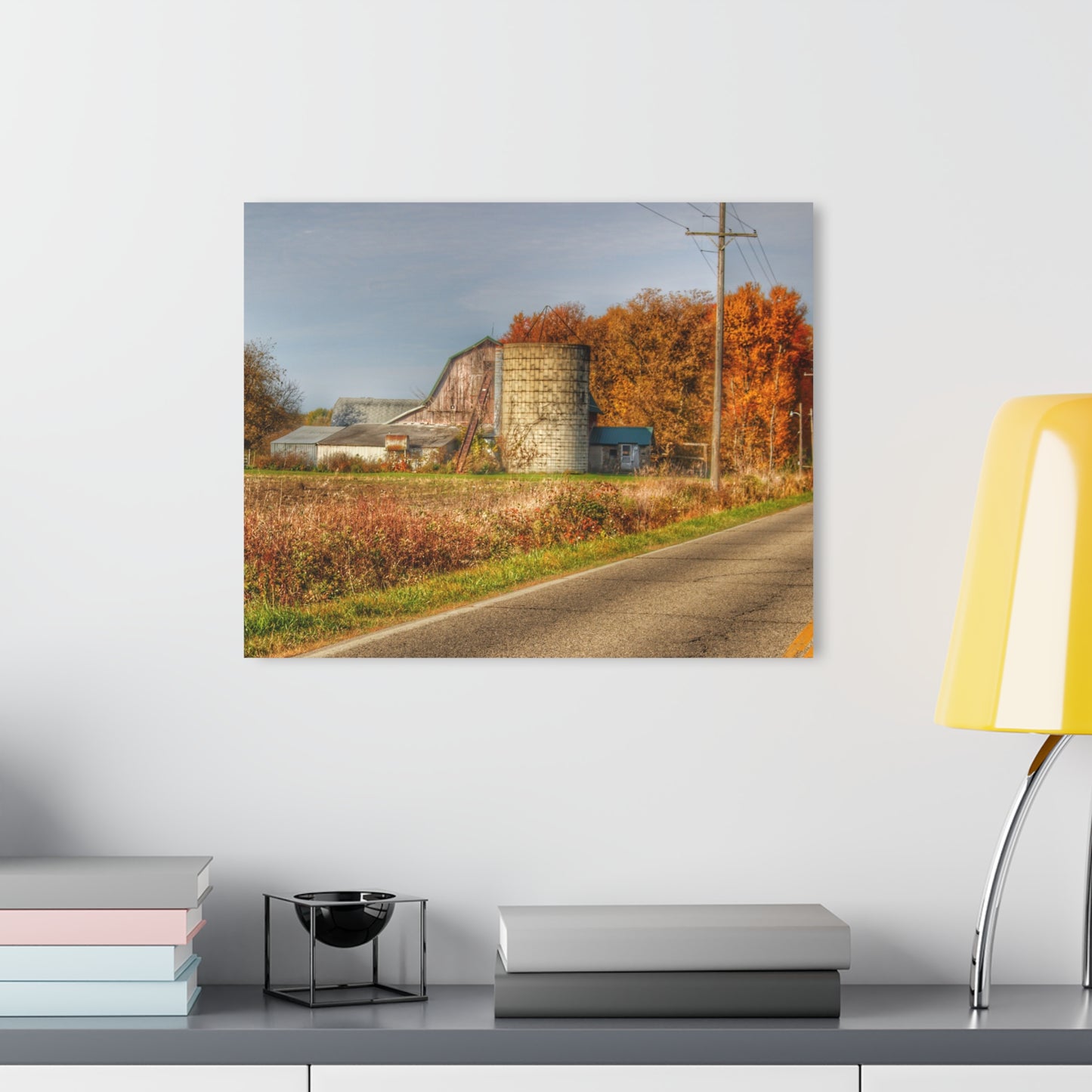 U R There Photography Plumb Creek Road Red in Fall II Rustic Farmhouse Acrylic Wall Print