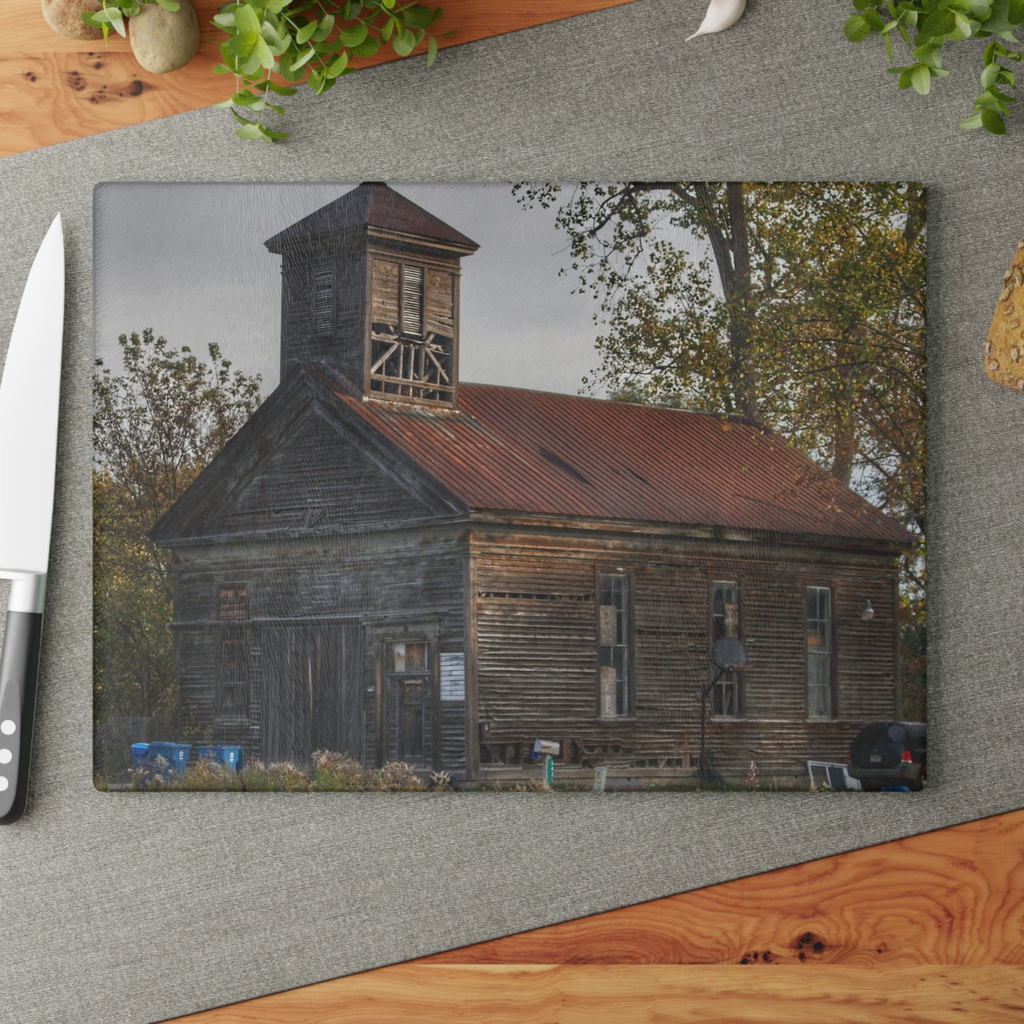 U R There Photography Taylor Road Church of Old Rustic Farmhouse Tempered-Glass Cutting Board