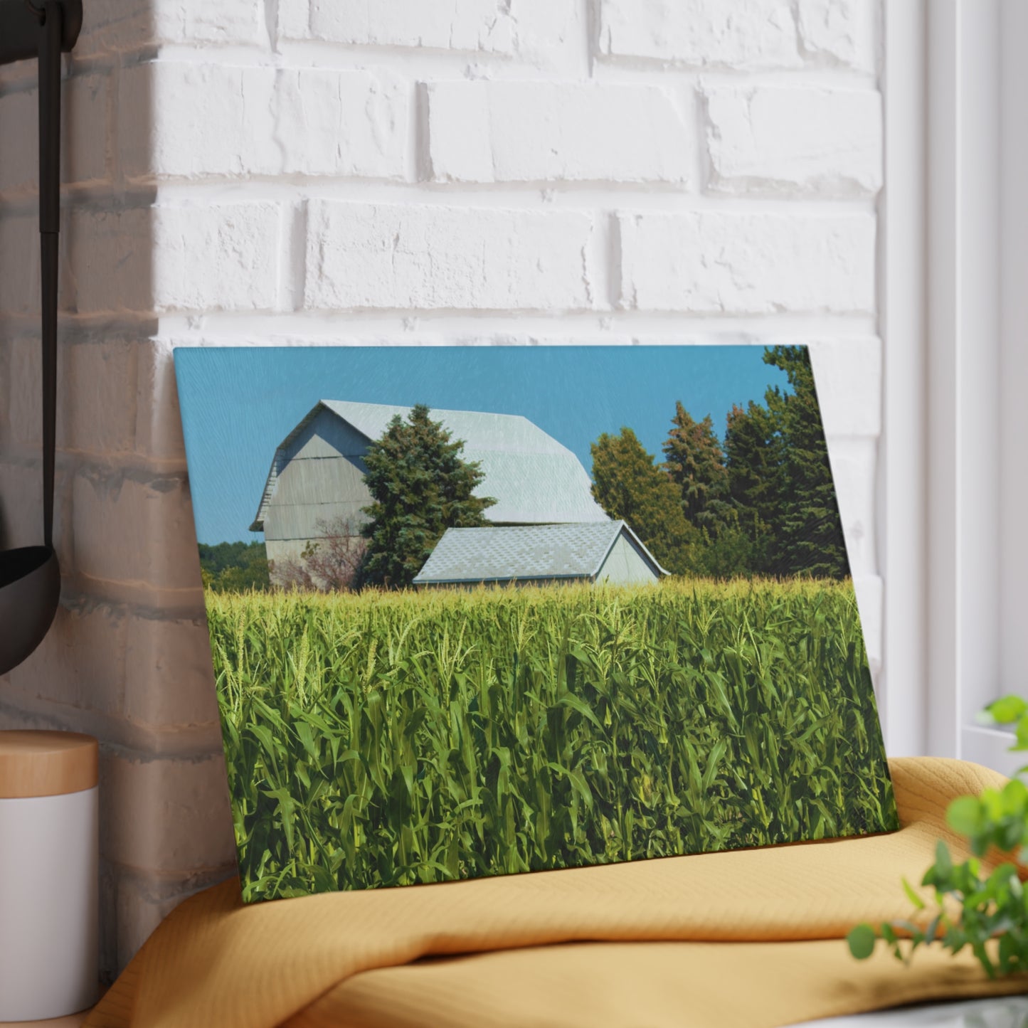 U R There Photography White Cornfield Barn Rustic Farmhouse Tempered-Glass Cutting Board