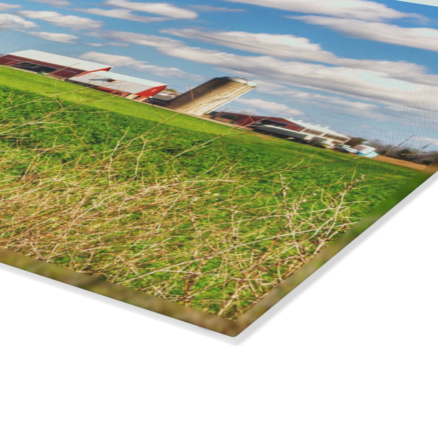 U R There Photography Pattison Road Farm Across the Field I Rustic Farmhouse Tempered-Glass Cutting Board