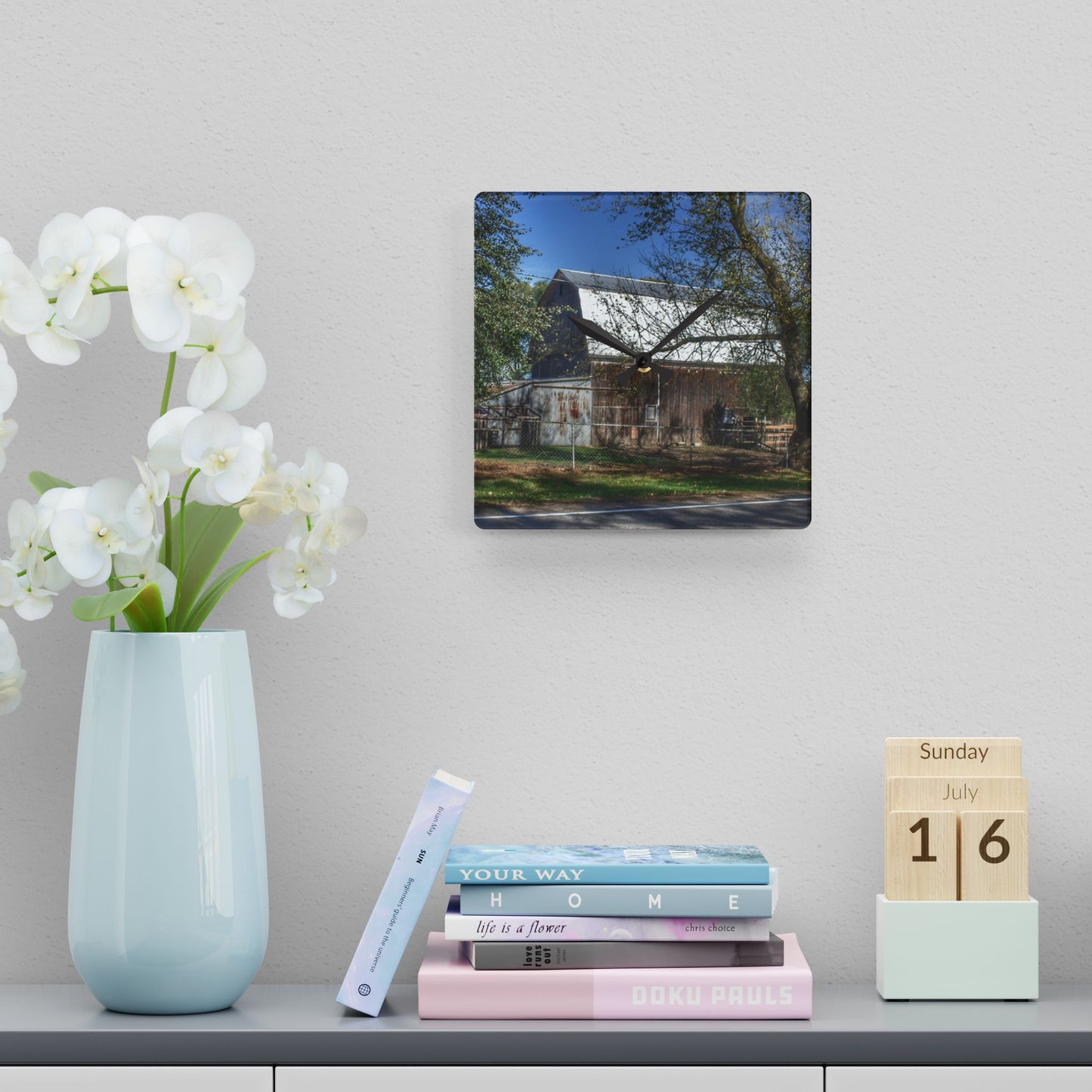 U R There Photography Birch Run Road Greys I Rustic Acrylic Analog Wall Clock