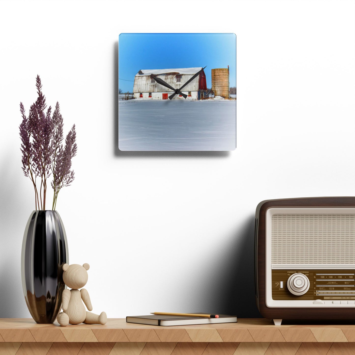 U R There Photography Bay City - Forestville Block Red Rustic Farmhouse Acrylic Analog Wall Clock