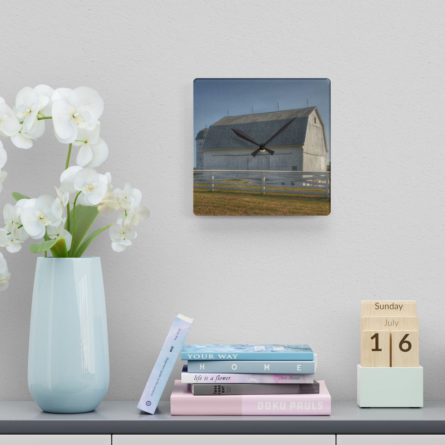 U R There Photography Belsay Road White Rustic Farmhouse Acrylic Analog Wall Clock