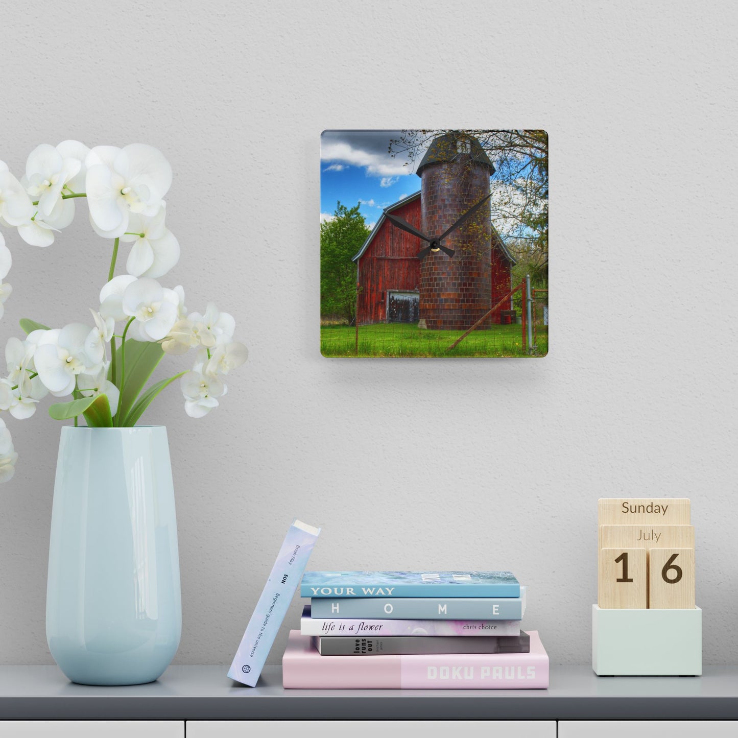 U R There Photography Mead Road Red Rustic Farmhouse Acrylic Analog Wall Clock