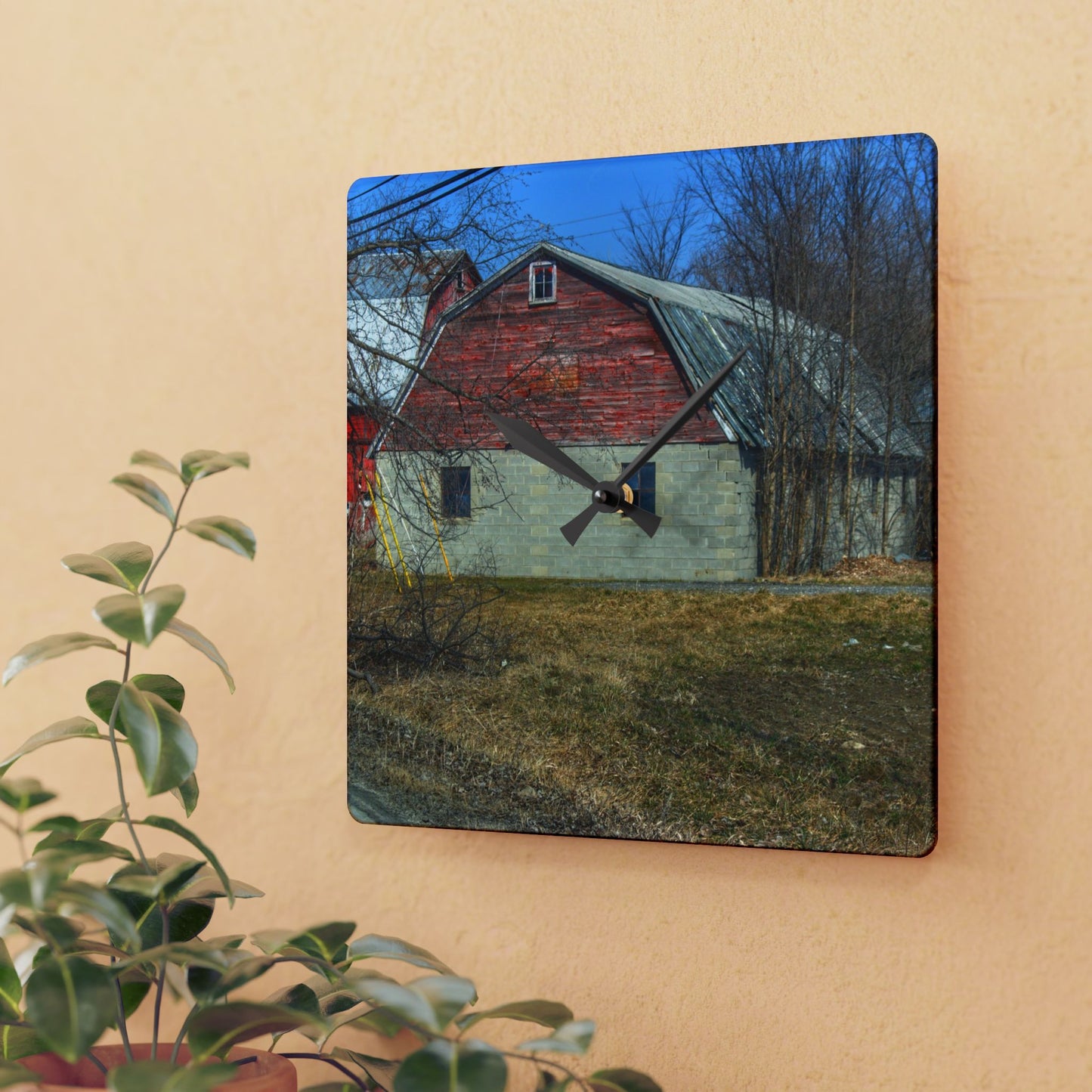U R There Photography Indian Trail Block Barn at the Bend Rustic Farmhouse Acrylic Analog Wall Clock