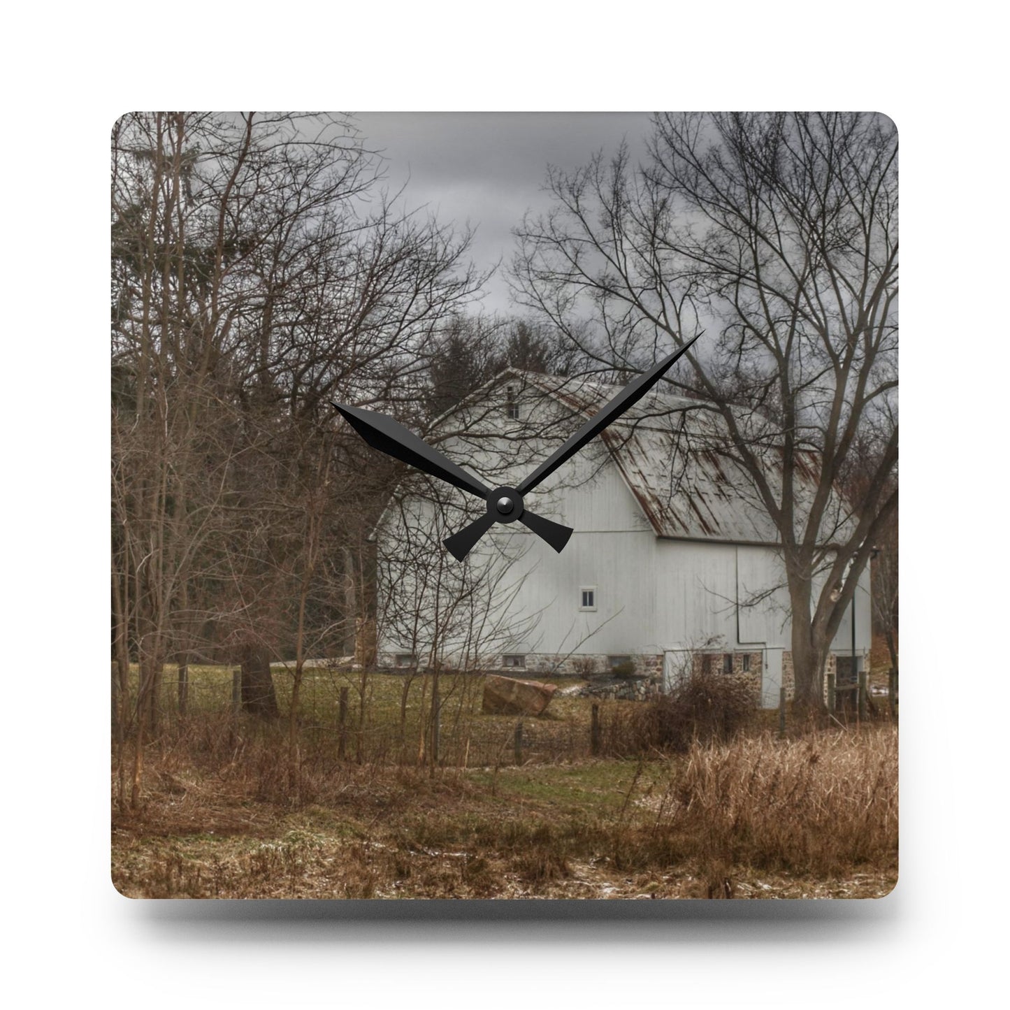 U R There Photography Oakwood Road White II Rustic Farmhouse Acrylic Analog Wall Clock