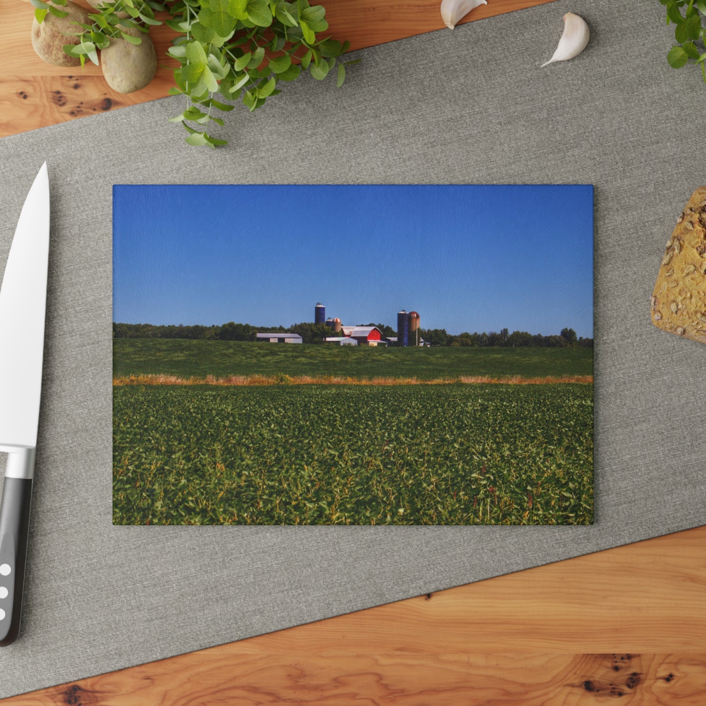 U R There Photography Otter Lake Road Farm Across the Field Rustic Farmhouse Tempered-Glass Cutting Board