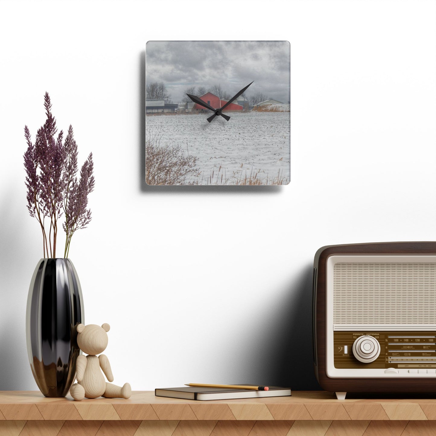 U R There Photography Maple Valley Road Red II Rustic Farmhouse Acrylic Analog Wall Clock
