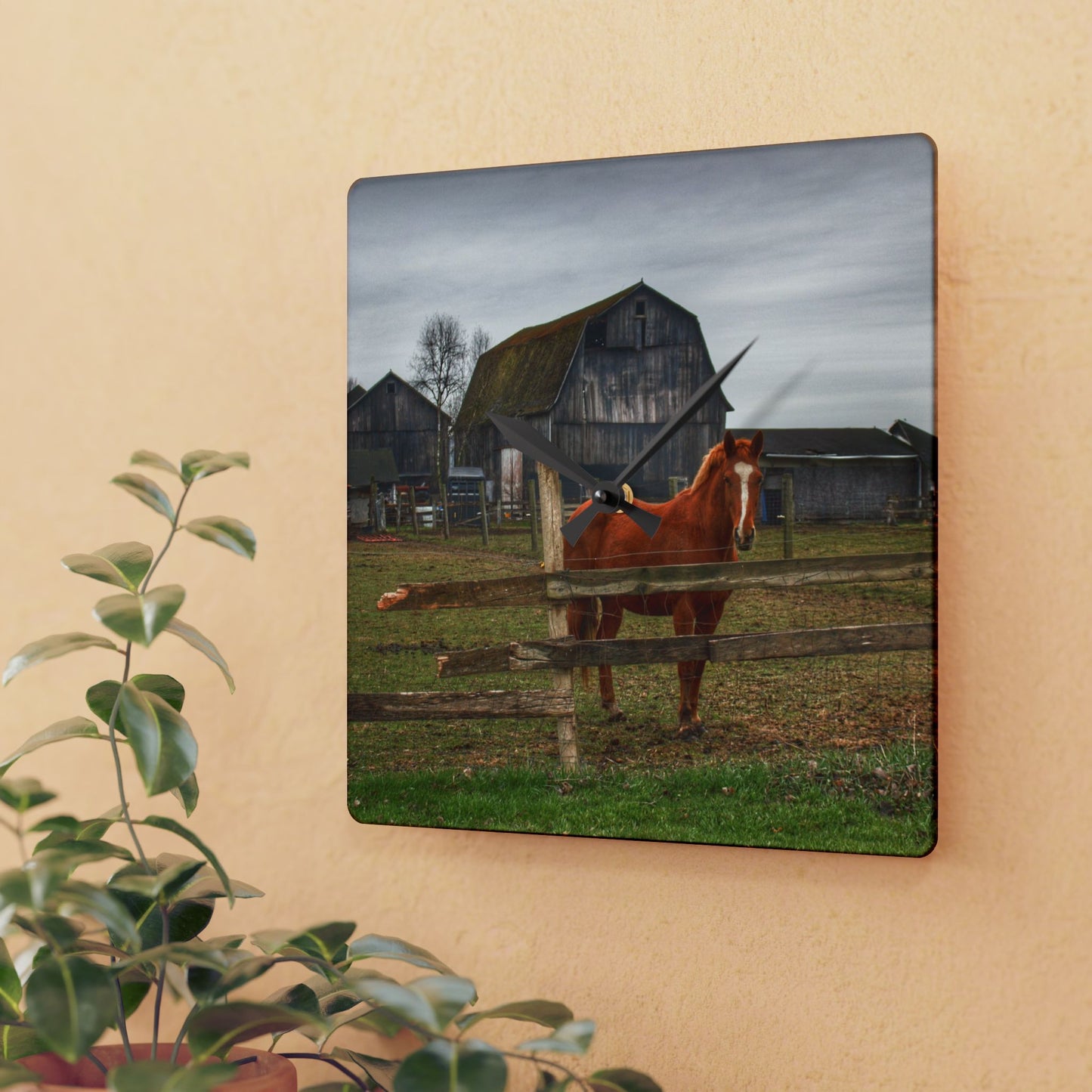 U R There Photography South Summers Road Old Grey and Caramel IV Rustic Farmhouse Acrylic Analog Wall Clock