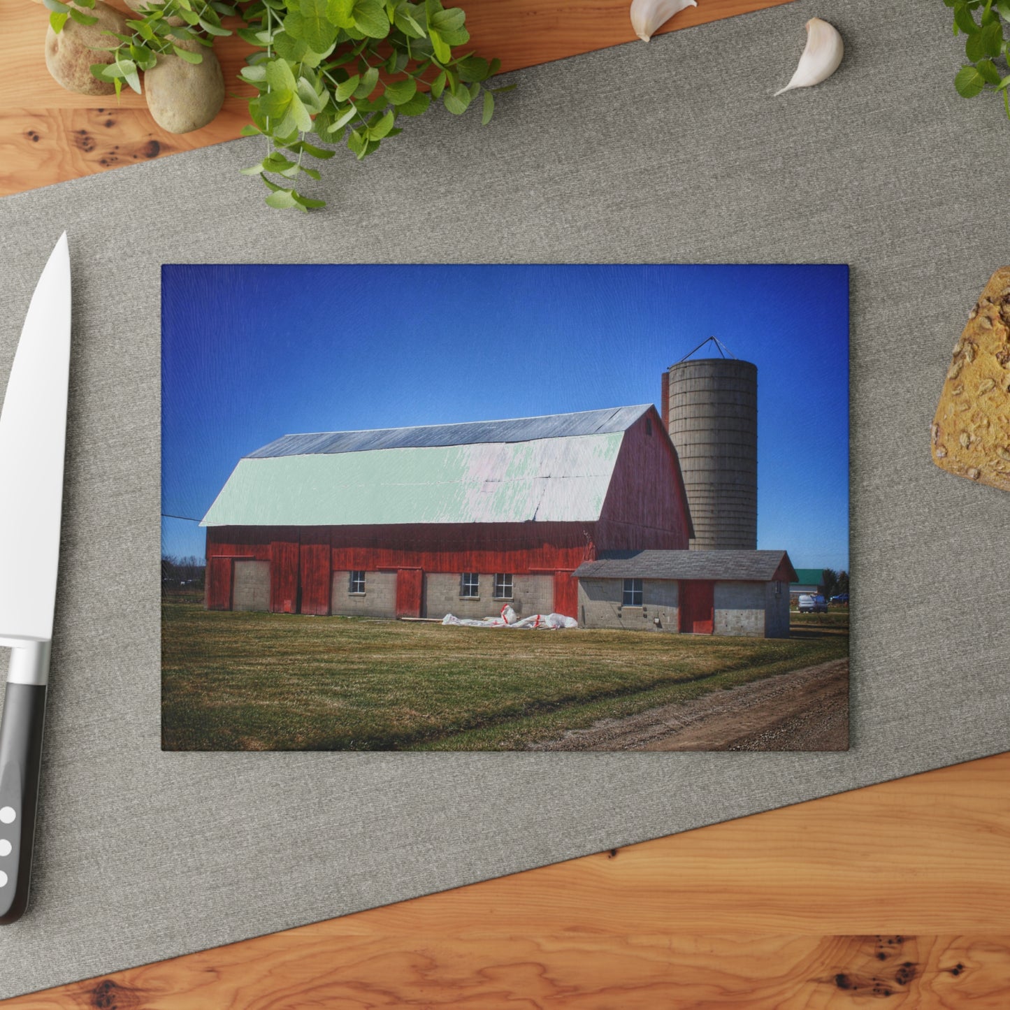 U R There Photography Burt Road Red and Silo Rustic Farmhouse Tempered-Glass Cutting Board
