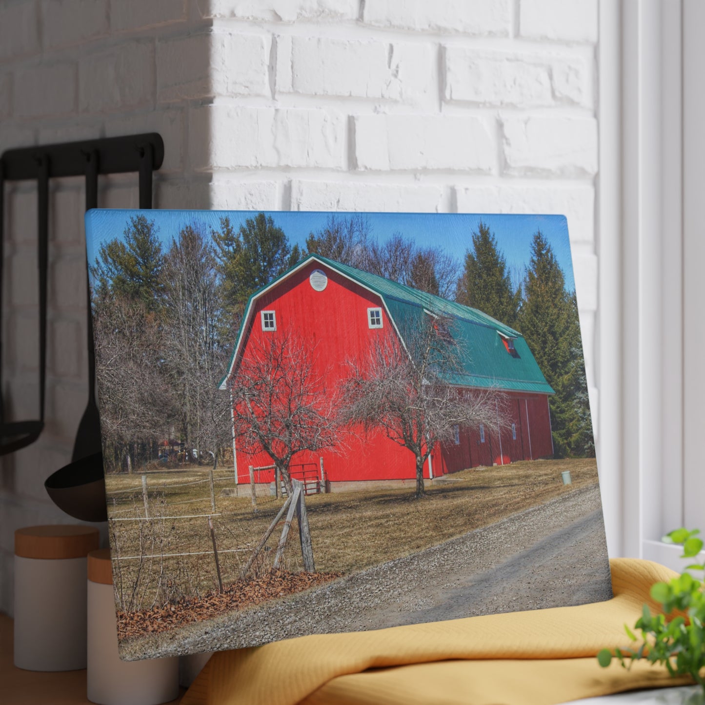 U R There Photography Campground Road Red Rustic Farmhouse Tempered-Glass Cutting Board