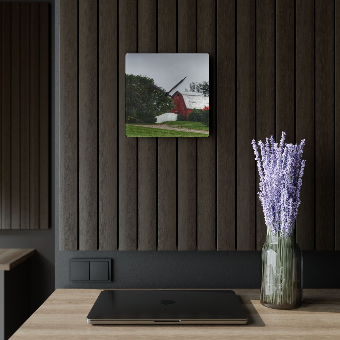 U R There Photography Bronson Lake Hidden Red II Rustic Farmhouse Acrylic Analog Wall Clock