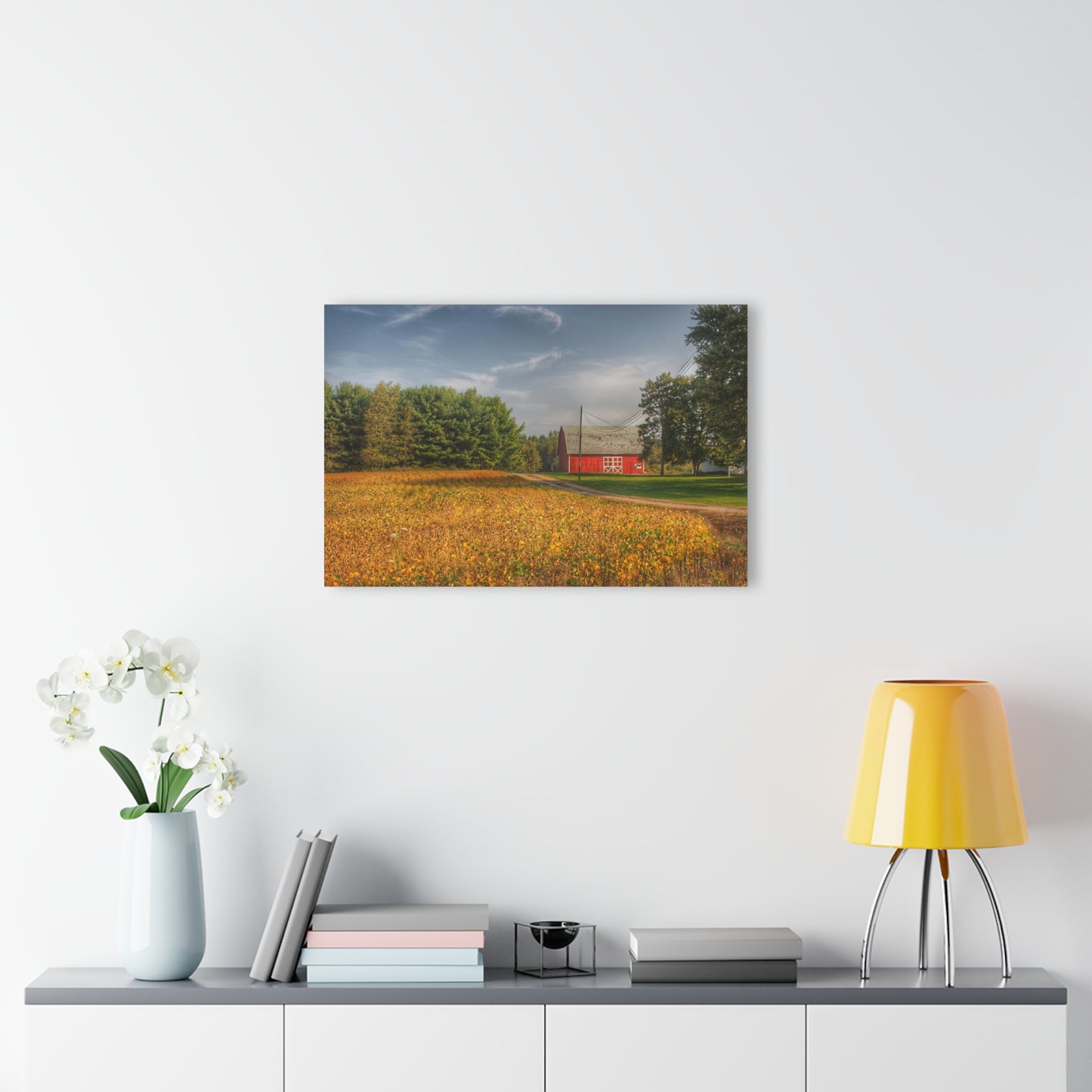 U R There Photography Red Barn on Golden Field Rustic Farmhouse Acrylic Analog Wall Clock