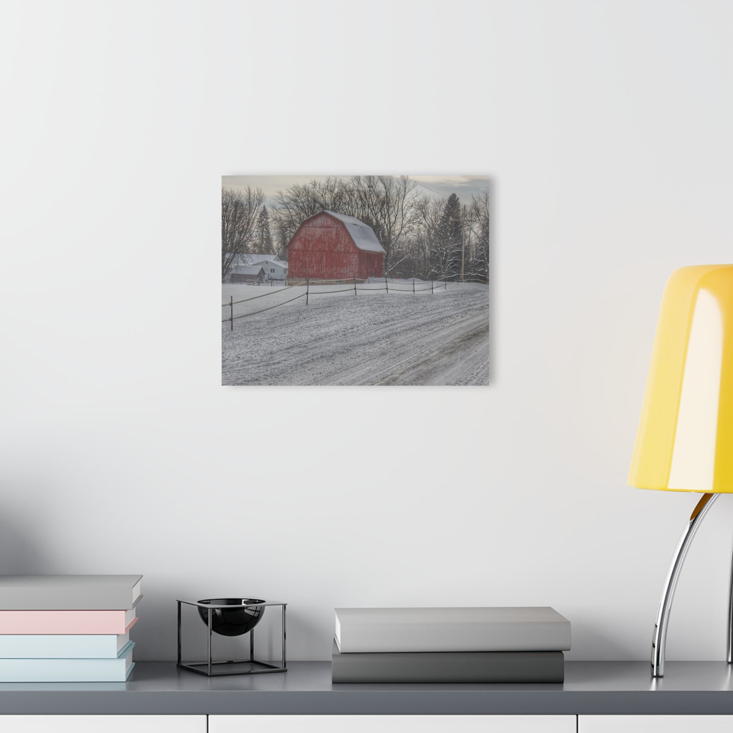 U R There Photography Phillips Road Winter Red Rustic Farmhouse Acrylic Wall Print 14 "x 11"