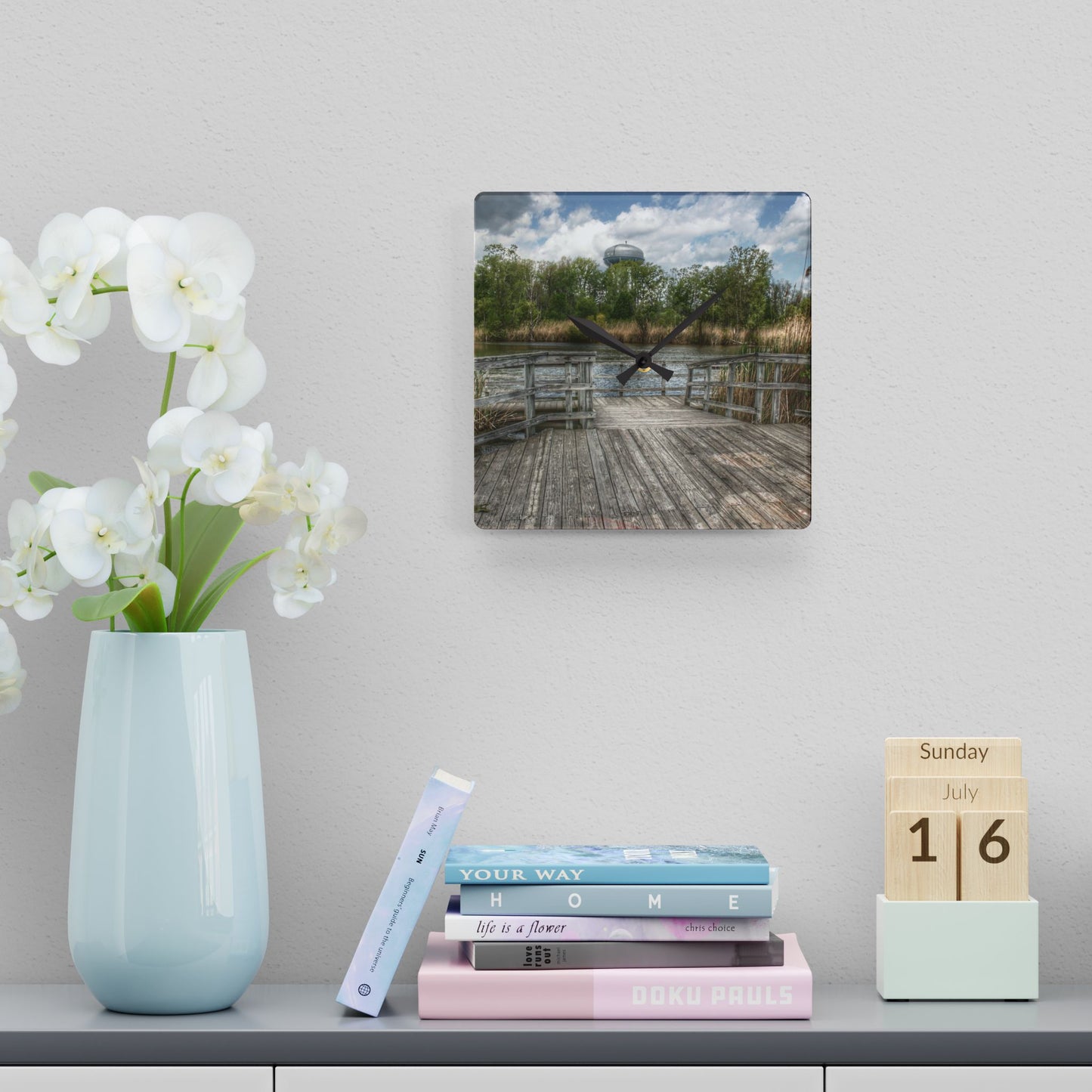 U R There Photography Bridge Overlooking Water Tower Park in Lapeer Rustic Farmhouse Acrylic Analog Wall Clock