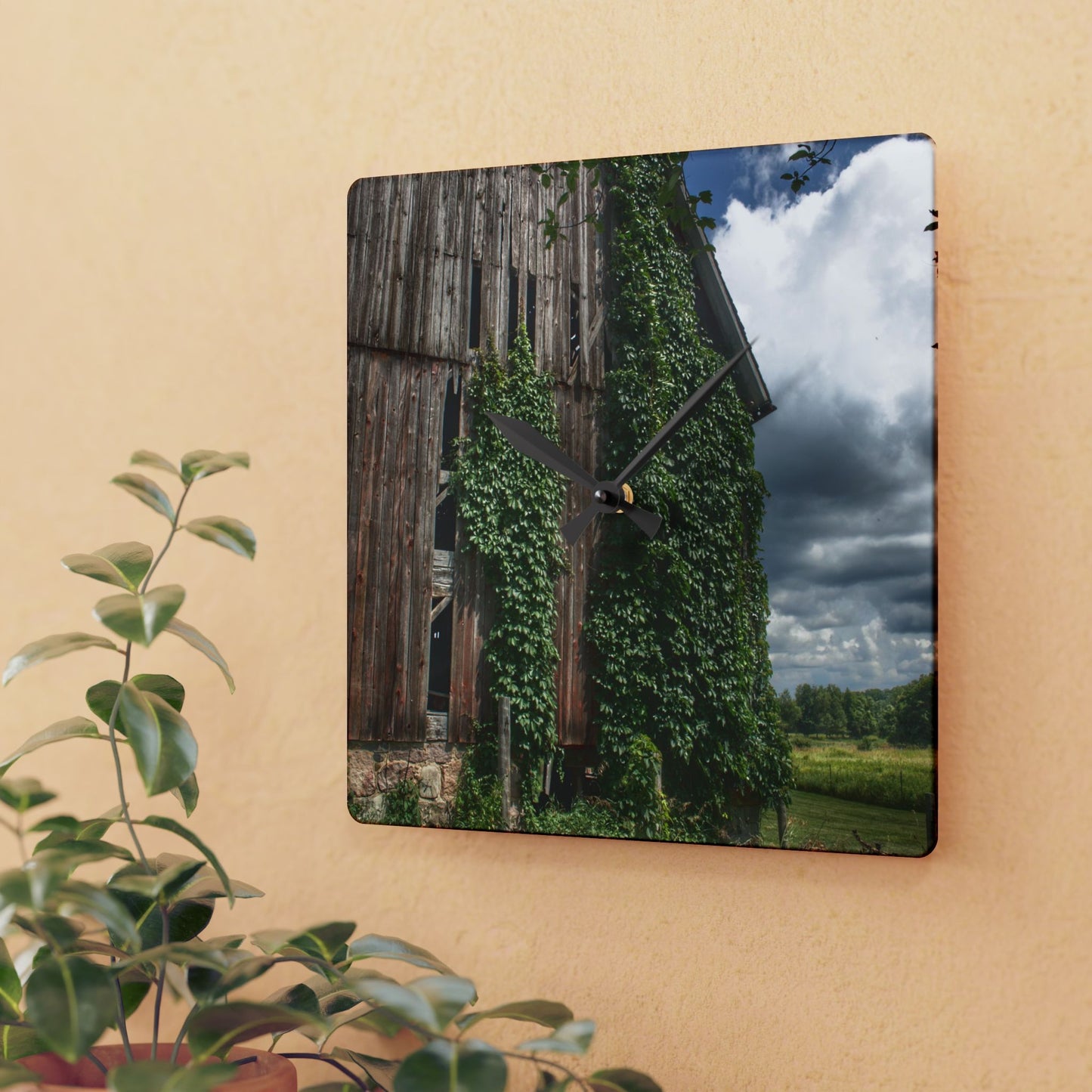 U R There Photography North Branch Ivy Grey II Rustic Farmhouse Acrylic Analog Wall Clock