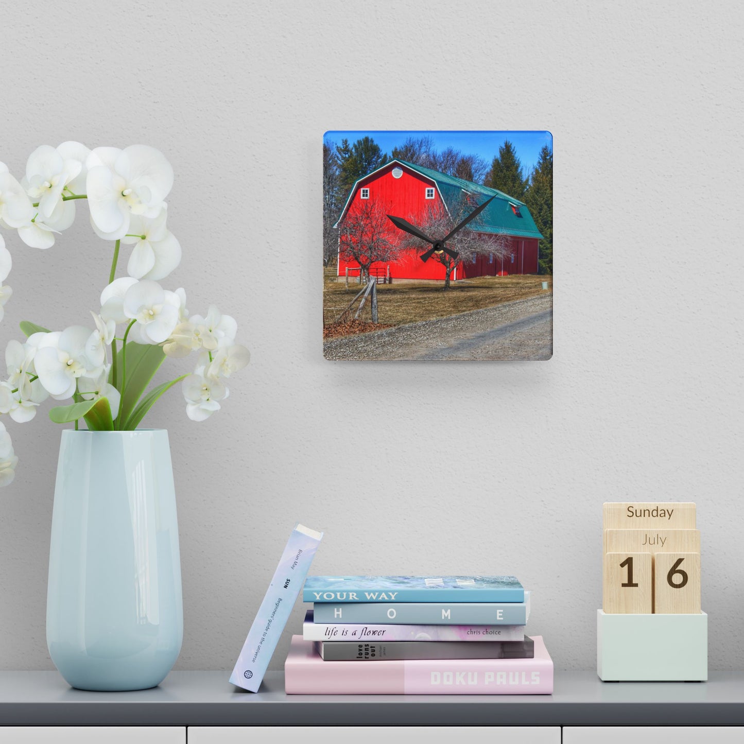 U R There Photography Campground Road Red Rustic Farmhouse Acrylic Analog Wall Clock