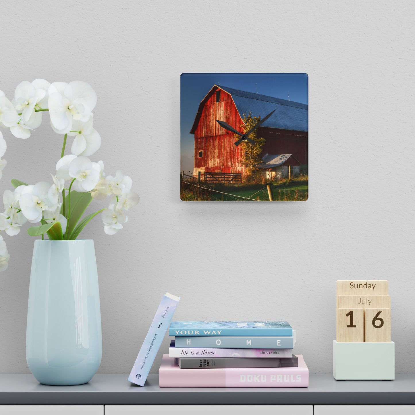U R There Photography Columbiaville Red III Rustic Farmhouse Acrylic Analog Wall Clock
