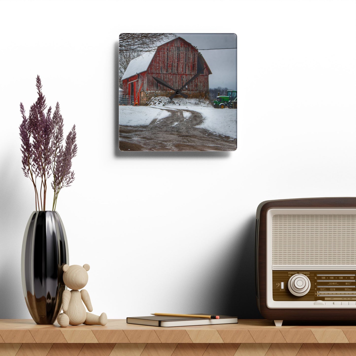 U R There Photography Marathon Road Red in Winter Rustic Farmhouse Acrylic Analog Wall Clock