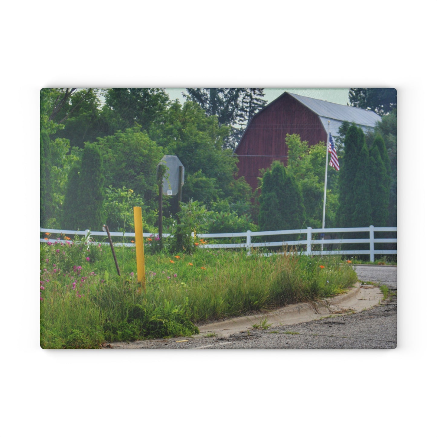 U R There Photography Sutton Road Red and Old Glory Rustic Farmhouse Tempered-Glass Cutting Board