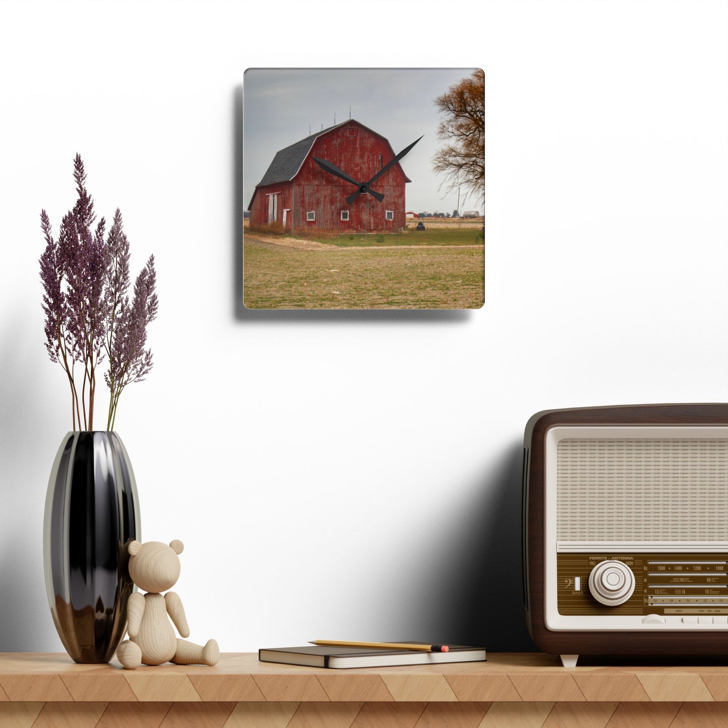 U R There Photography Loomis Road Red Rustic Farmhouse Acrylic Analog Wall Clock