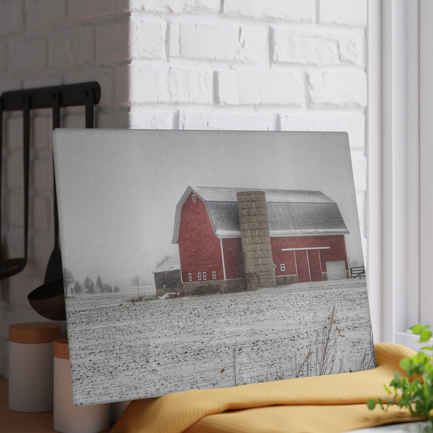 U R There Photography Winter Red Rustic Farmhouse Tempered-Glass Cutting Board