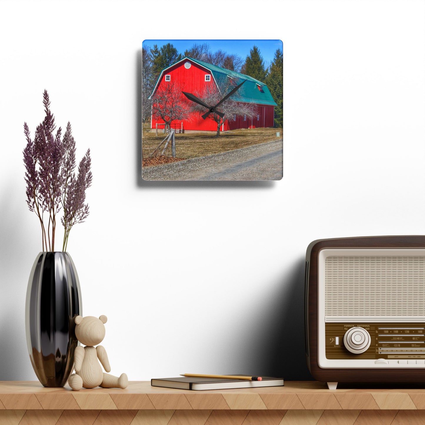U R There Photography Campground Road Red Rustic Farmhouse Acrylic Analog Wall Clock