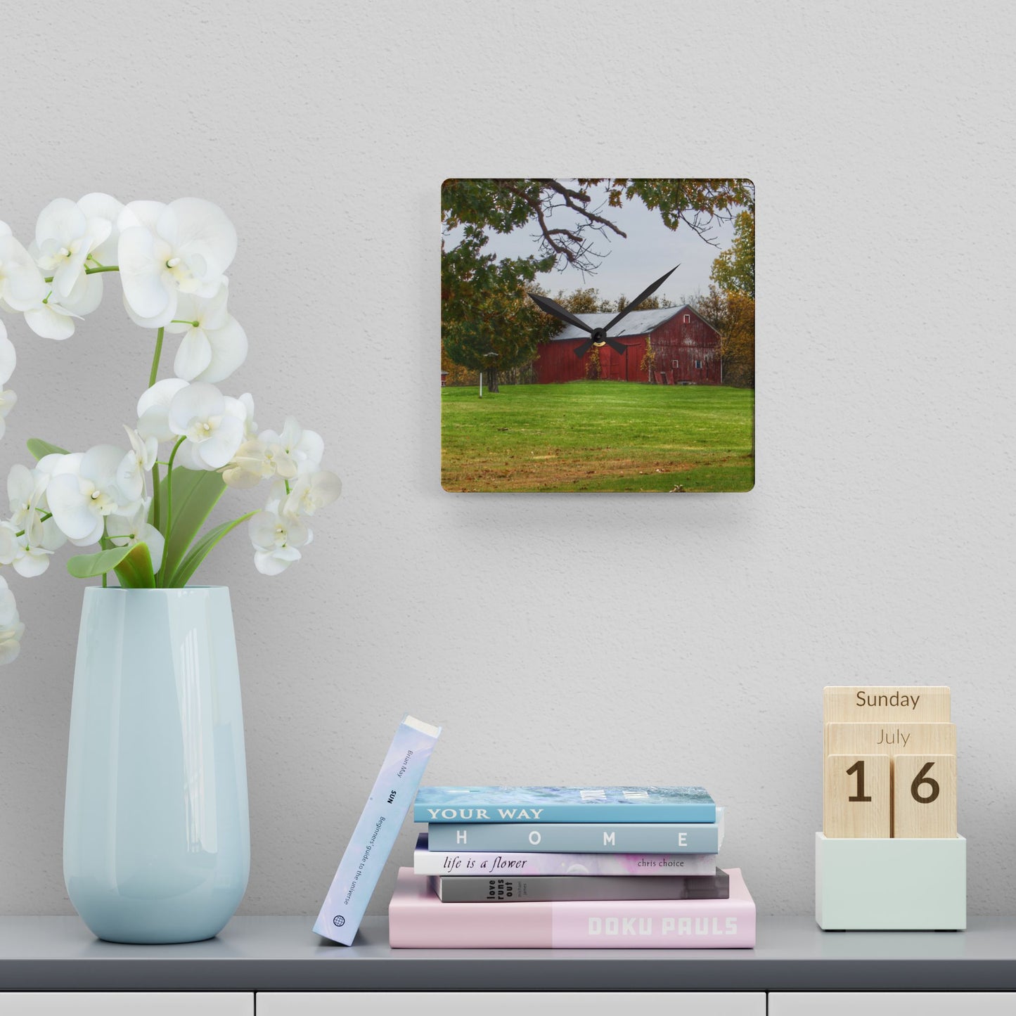 U R There Photography Hill Road Roadside Red Rustic Farmhouse Acrylic Analog Wall Clock
