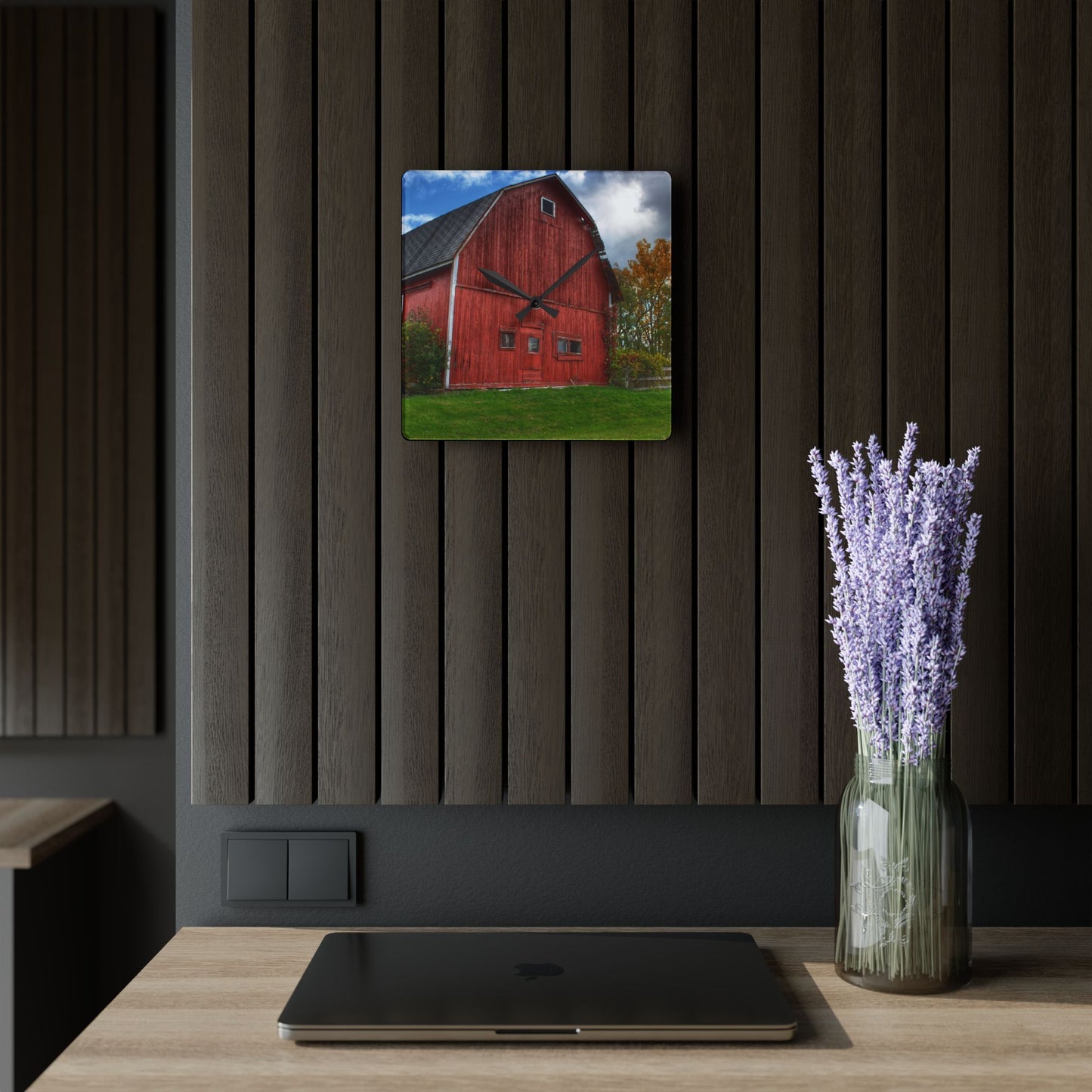 U R There Photography Hegal Road Old Red II Rustic Farmhouse Acrylic Analog Wall Clock