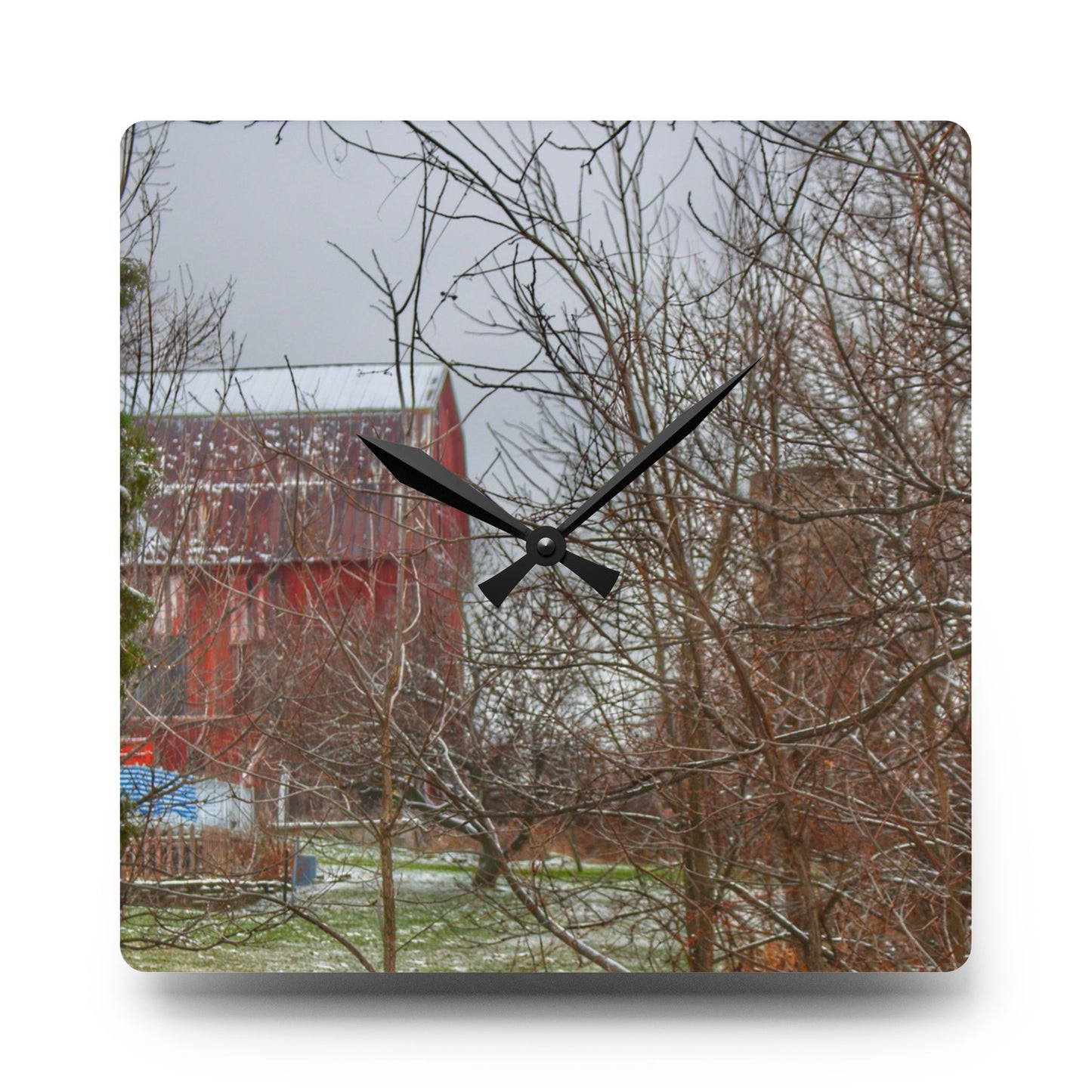 U R There Photography Hough Road Hidden Winter Red I Rustic Farmhouse Acrylic Analog Wall Clock