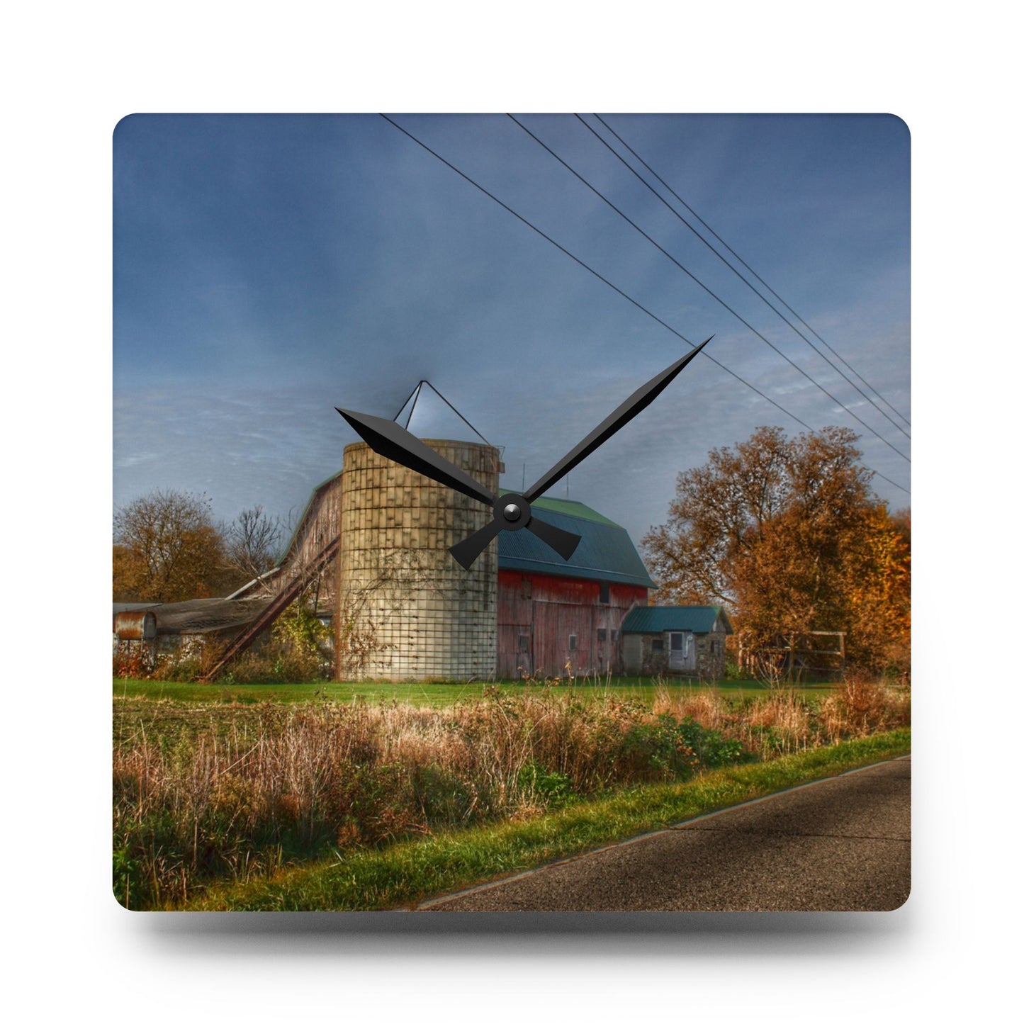 U R There Photography Plumb Creek Road Red in Fall I Rustic Farmhouse Acrylic Analog Wall Clock