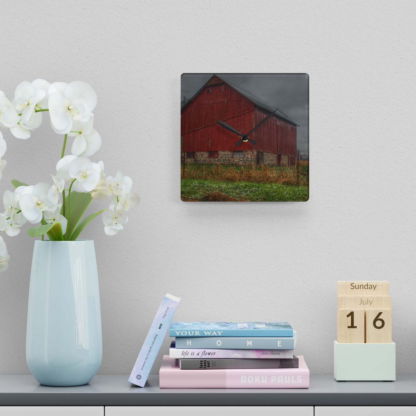U R There Photography Bowers Road Red III Rustic Farmhouse Acrylic Analog Wall Clock