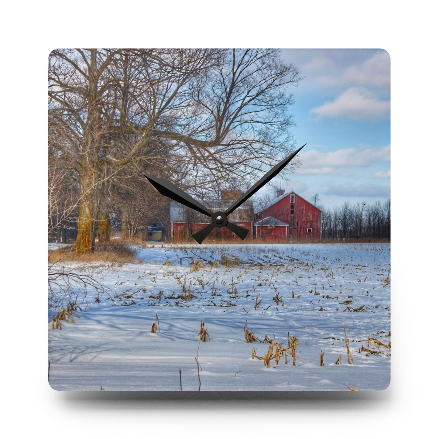 U R There Photography Across Barnes Road Frozen Cornfield Rustic Farmhouse Acrylic Analog Wall Clock