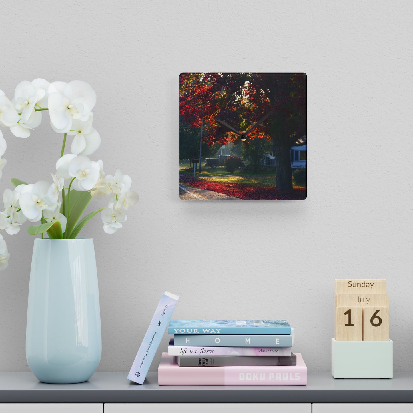 U R There Photography Red Crimson Leaves of Lum Rustic Farmhouse Acrylic Analog Wall Clock