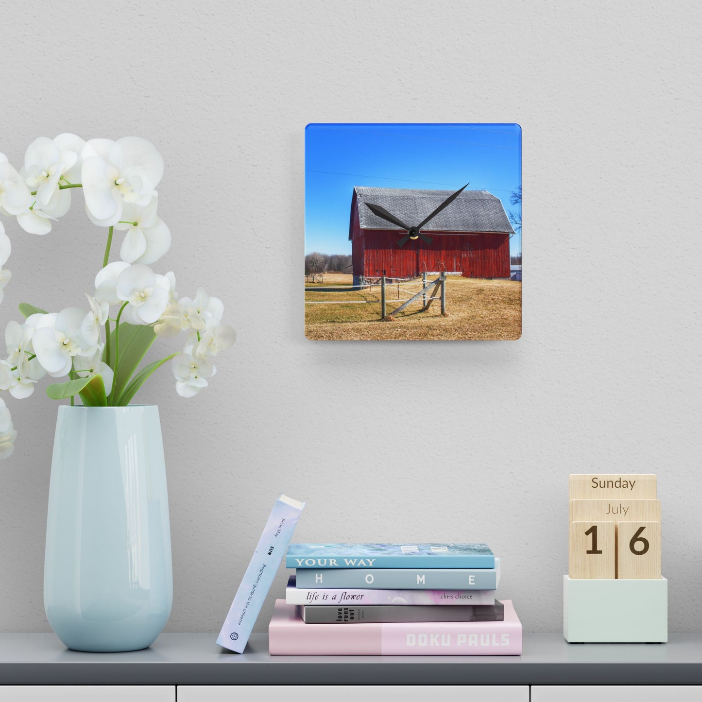 U R There Photography Phillips Road Red Rustic Farmhouse Acrylic Analog Wall Clock