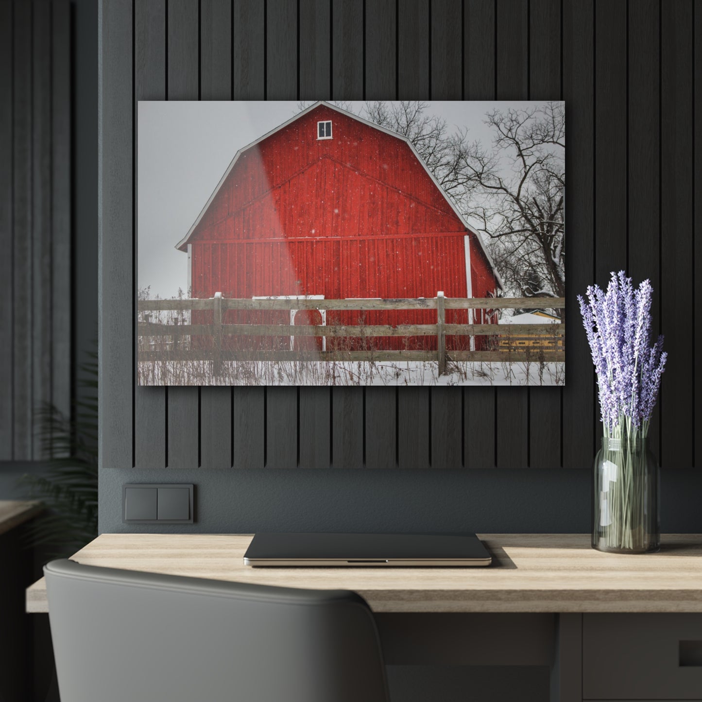 U R There Photography Big Red Beyond the Fence Rustic Farmhouse Acrylic Wall Print